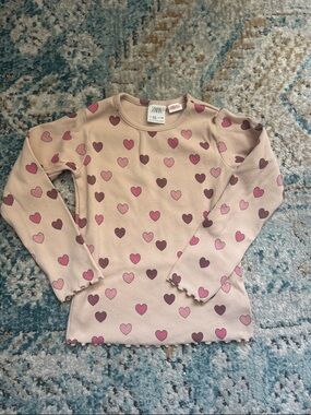 Zara Pink Heart Print Ribbed Long-Sleeve Top